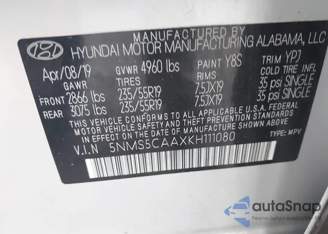 2019 Hyundai Santa Fe Ultimate 2.0T из США, поврежденный, VIN 5NMS5CAAXKH111080